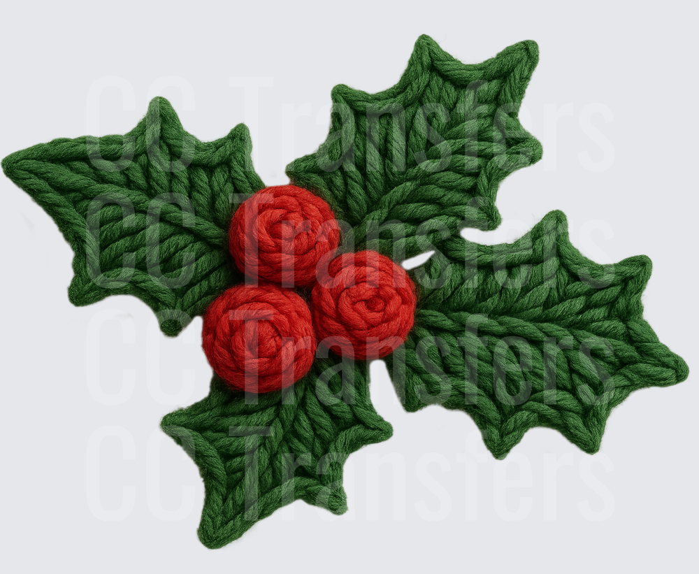 Crochet Knit Christmas Holly Leaves Red Berries (DTF)