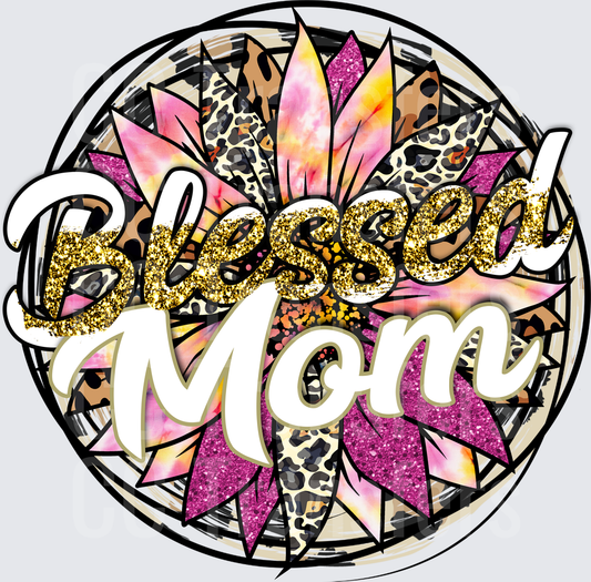 Blessed Mom Glitter Leopard Sunflower Circle (DTF)