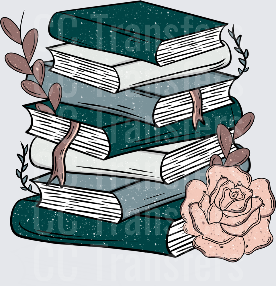 Stacked Teal Books with Rose and Botanical Accents (DTF)