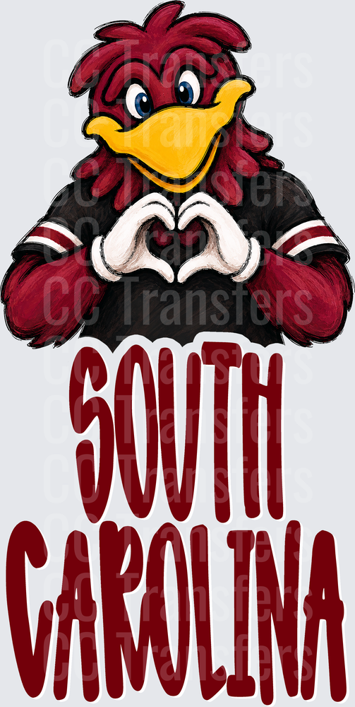 Garnet Rooster Mascot Heart Hands South Carolina (DTF)