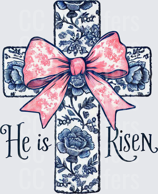 He Is Risen Floral Cross with Pink Bow (DTF)