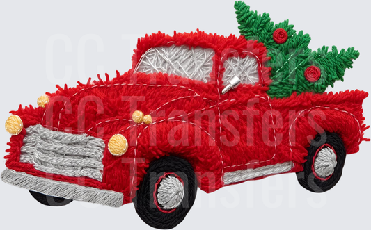 Embroidered Style Red Vintage Truck with Christmas Tree (DTF)