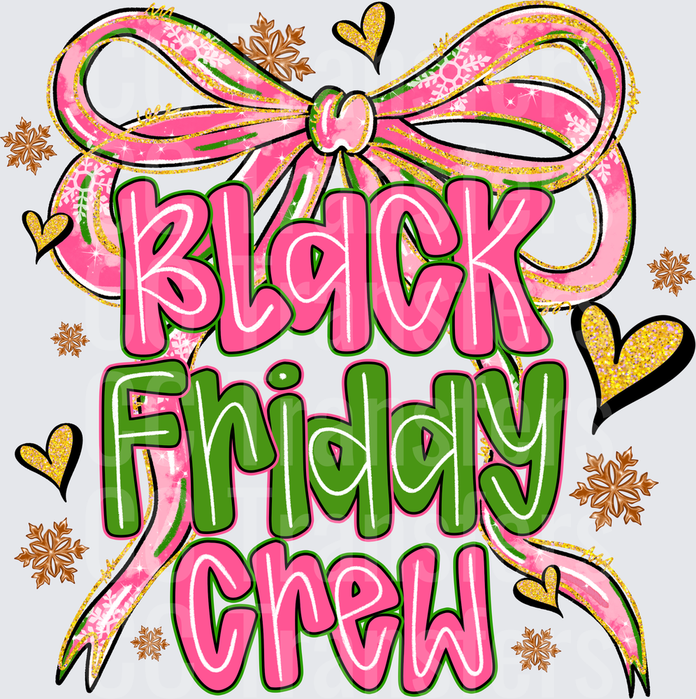Black Friday Crew Pink Bow Gold Hearts Snowflakes (DTF)