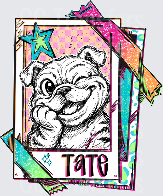 Cute Bulldog Sketch Retro Photo Card Name Tate (DTF)