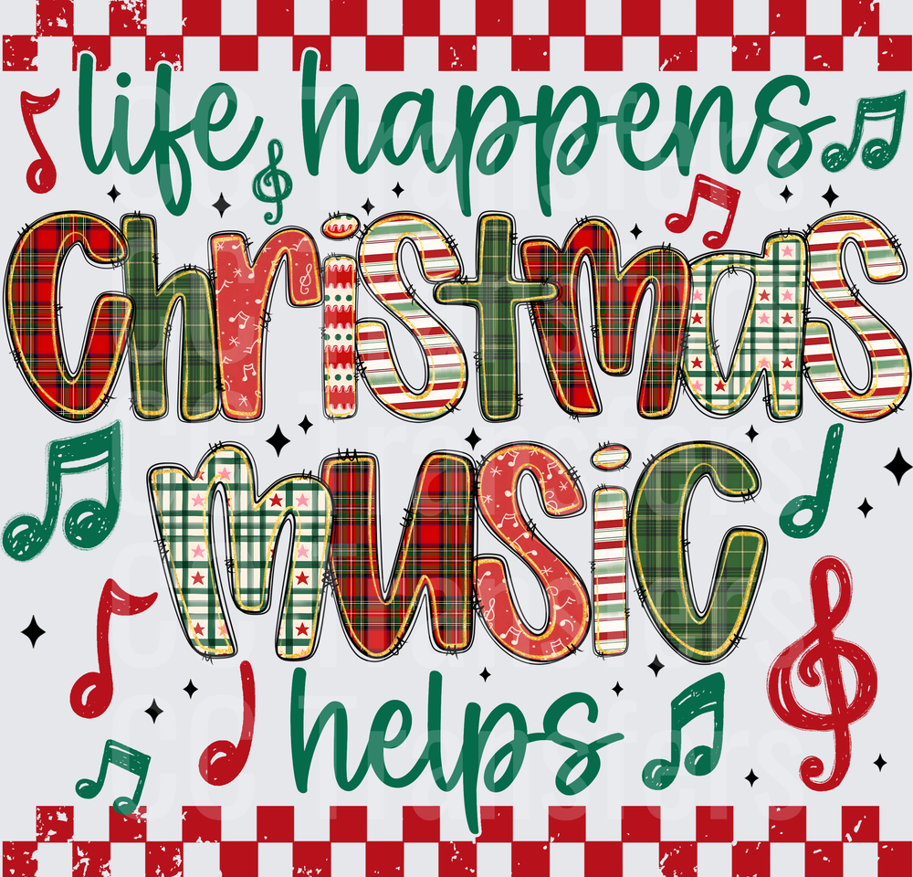 Life Happens Christmas Music Helps Holiday Plaid (DTF)