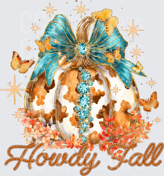 Howdy Fall Cowhide Pumpkin Teal Bow Jewels Butterflies (DTF)