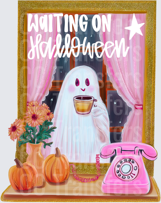 Waiting On Halloween Cozy Ghost Coffee Pink Retro (DTF)