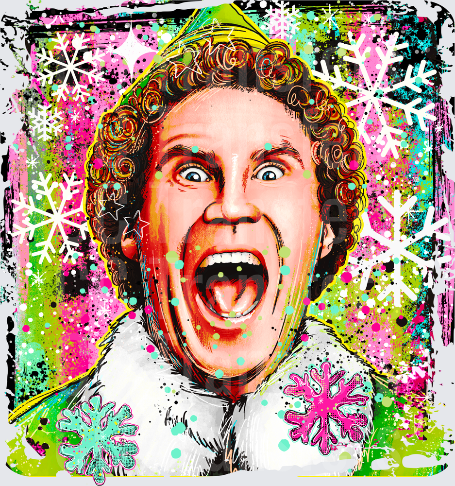 Excited Christmas Elf Man Pop Art Snowflake Splash (DTF)