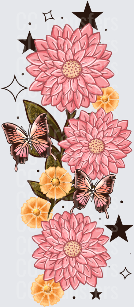 Pink Dahlia Blooms Butterflies Stars Floral Stack (DTF)