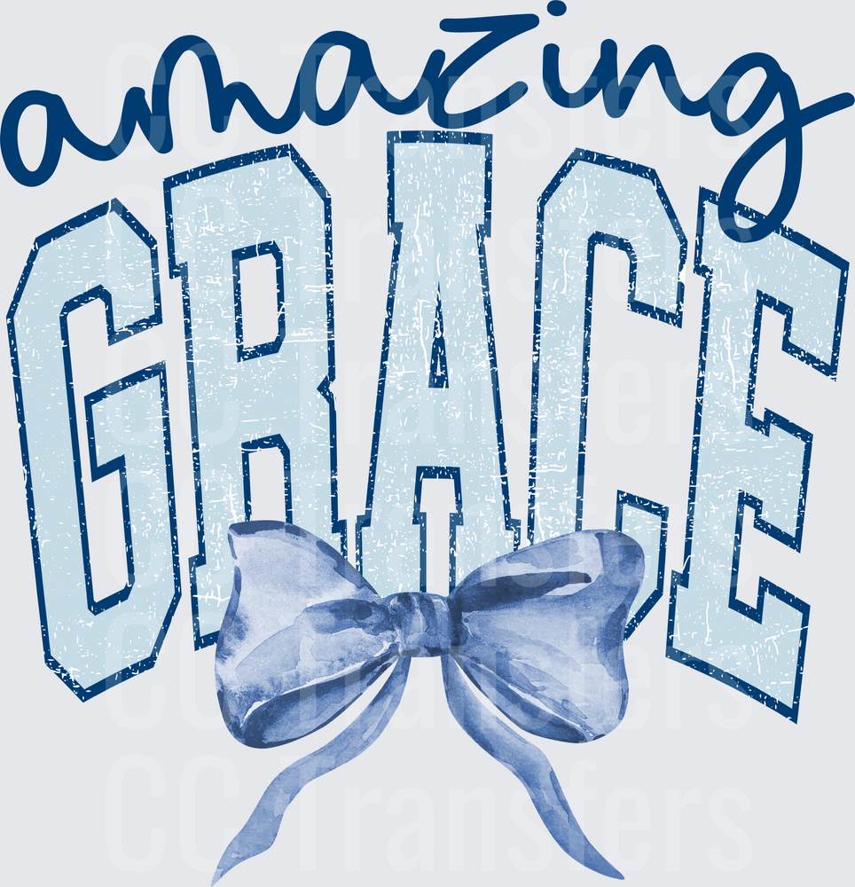 Amazing Grace Distressed Varsity Letters Blue Bow (DTF)