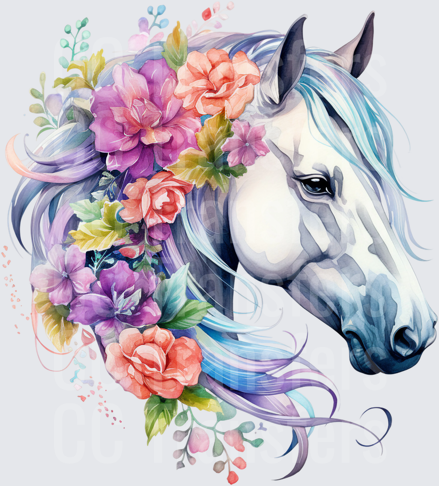 Watercolor White Horse Floral Mane Purple Pink (DTF)