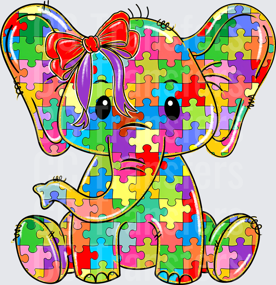 Cute Girl Elephant Autism Puzzle Piece Colorful Bow (DTF)
