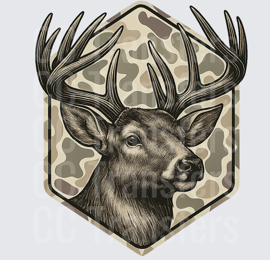 Whitetail Buck Portrait Hexagon Camo Badge (DTF)