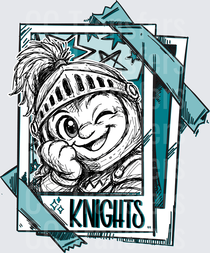 Cartoon Knight Mascot Winking Sketch Teal Star Frame DTF