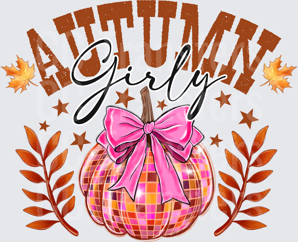 Autumn Girly Disco Pumpkin Pink Bow Fall Leaves (DTF)