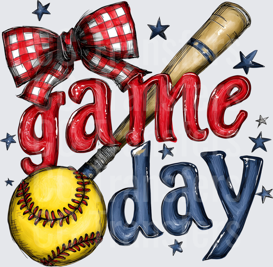 Softball Game Day Bat Plaid Bow Stars Red Navy (DTF)