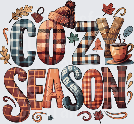 Cozy Season Plaid Letters Fall Leaves Beanie Coffee (DTF)