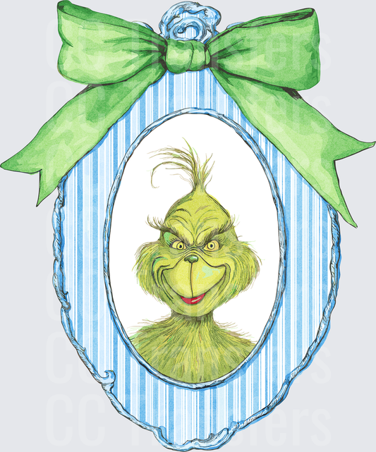 Grumpy Green Creature Oval Portrait Frame with Green Bow (DTF)