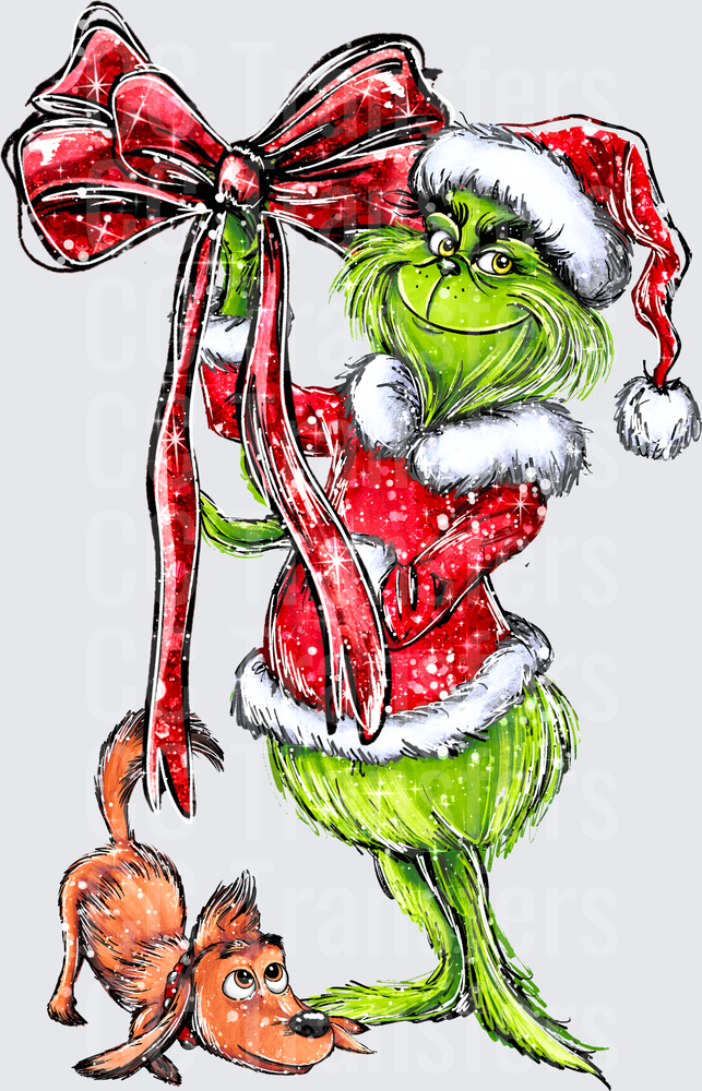 Grumpy Green Furry Santa Holding Big Red Bow with Dog (DTF)