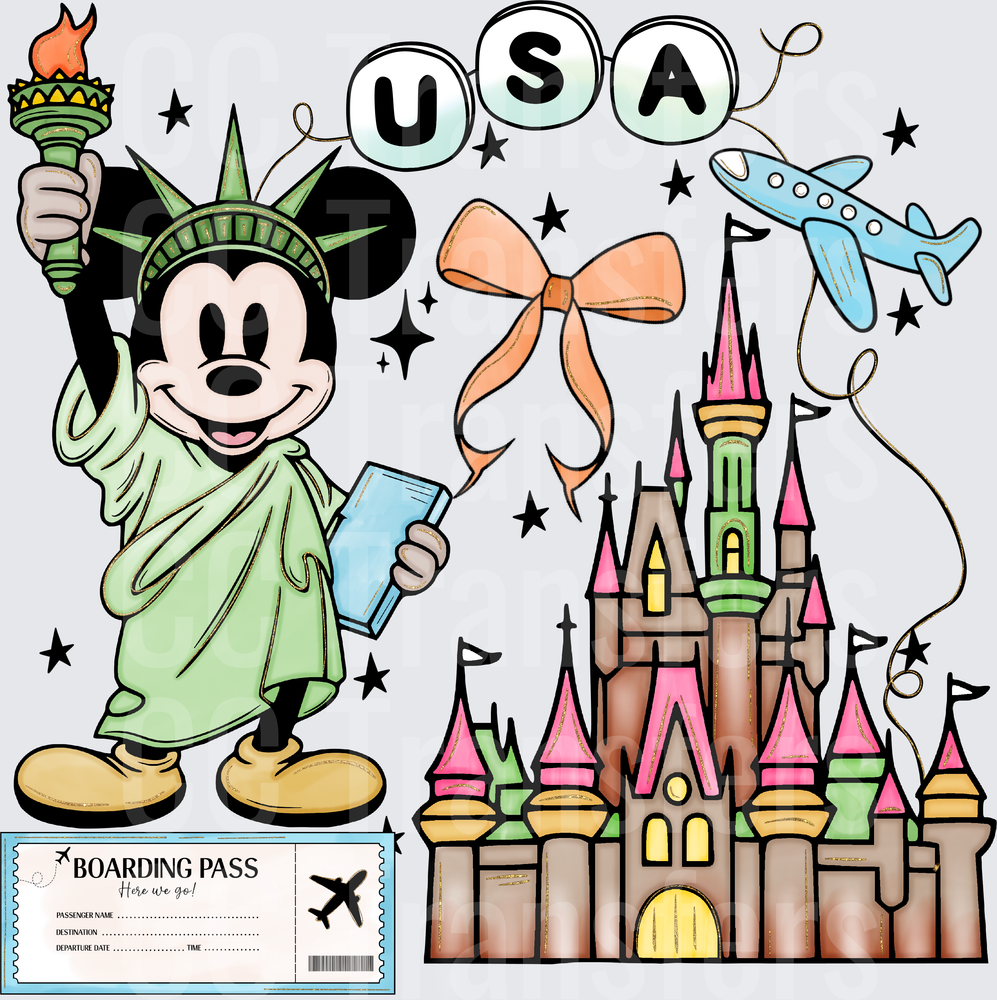 USA Travel Cartoon Mouse Statue of Liberty Castle DTF