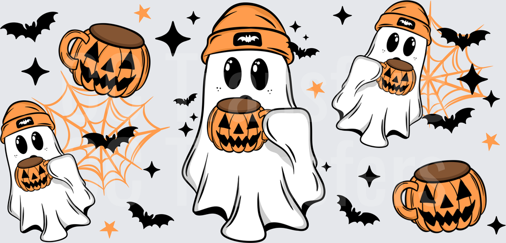 Cute Halloween Ghosts with Beanies Holding Jack-O-Lantern Mugs (DTF)