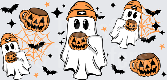 Cute Halloween Ghosts with Beanies Holding Jack-O-Lantern Mugs (DTF)