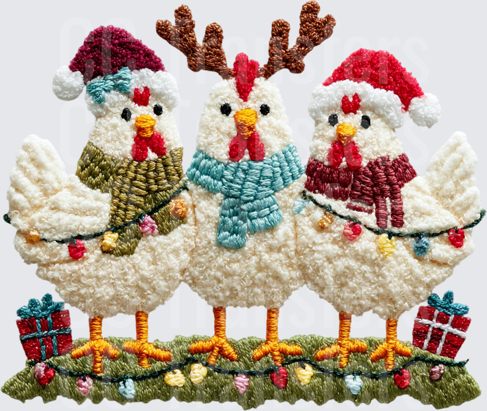 Three Christmas Chickens with Santa Hats and Scarves (DTF)