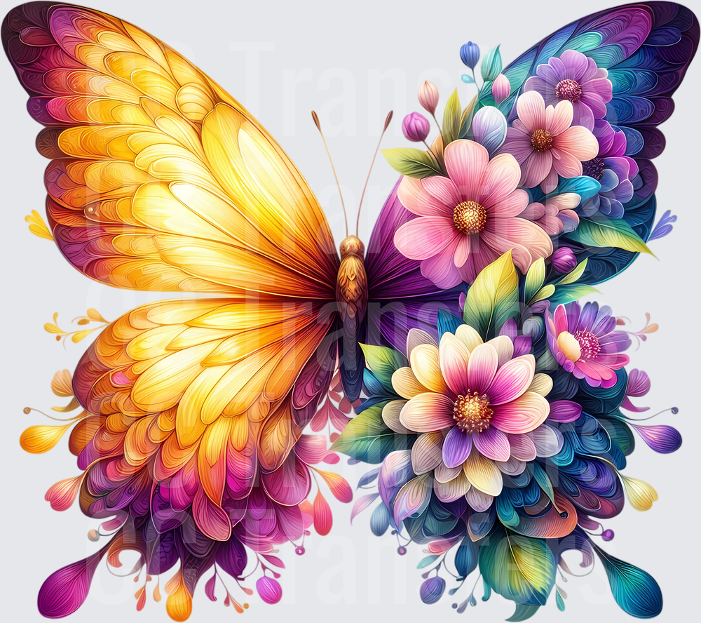 Vibrant Half Floral Half Feathered Butterfly (DTF)
