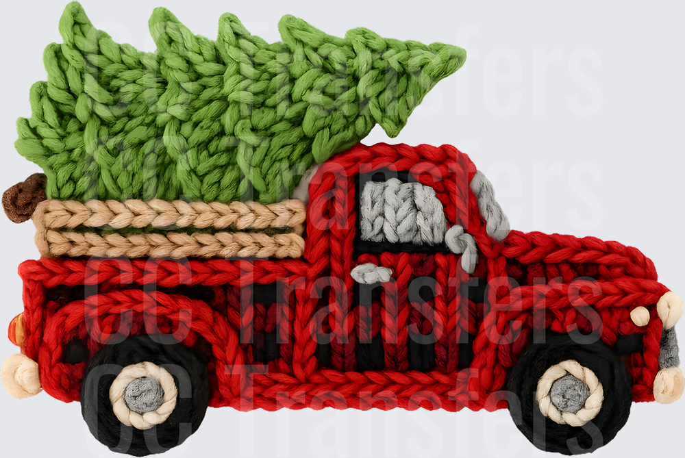 Knit Style Red Truck Hauling Christmas Trees (DTF)