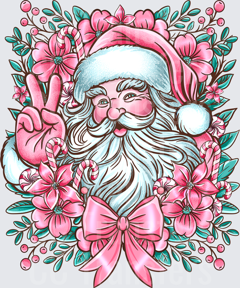 Pink Floral Winking Santa Peace Sign Bow Christmas (DTF)