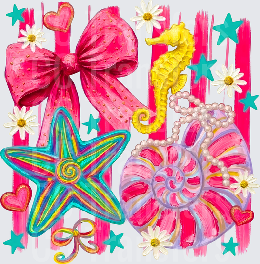 Bright Pink Bow Starfish Seahorse Seashell Beach Collage (DTF)