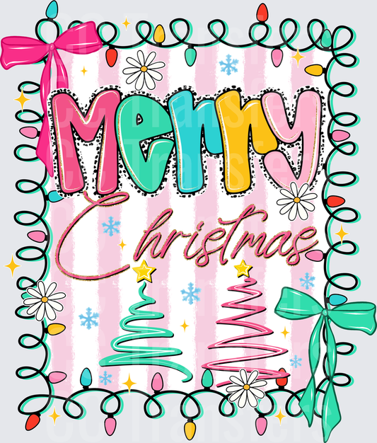 Merry Christmas Colorful Lights Bows Trees Retro (DTF)