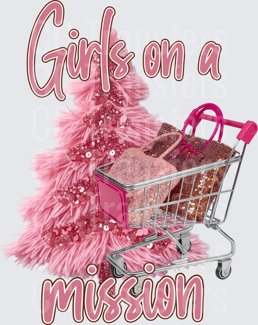 Girls on a Mission Pink Christmas Tree Shopping Cart DTF