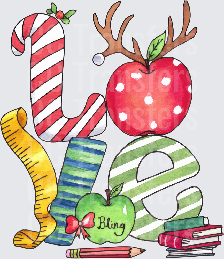 Teacher Christmas LOVE Letters Apples Books Pencil (DTF)