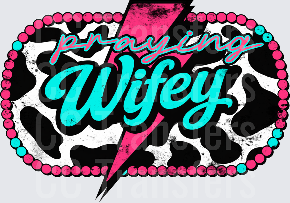 Praying Wifey Cow Print Lightning Bolt Beaded Border (DTF)