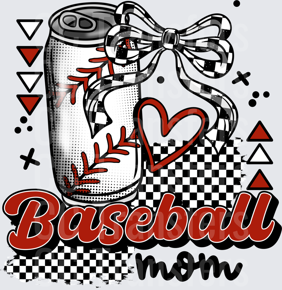 Baseball Mom Soda Can with Checkered Bow and Heart (DTF)