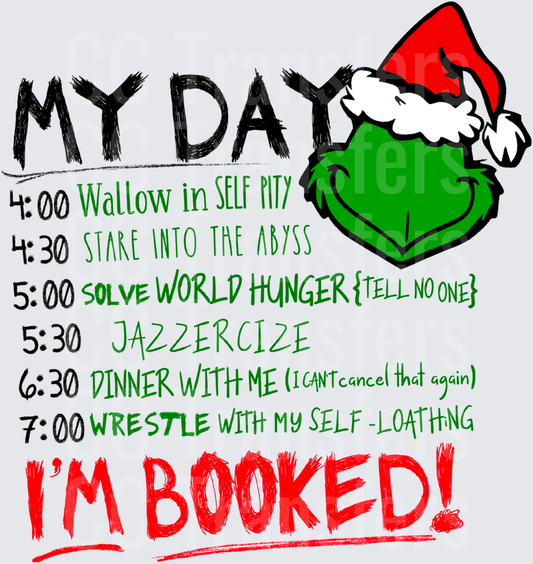 Grumpy Green Christmas Character My Day Schedule I'm Booked (DTF)