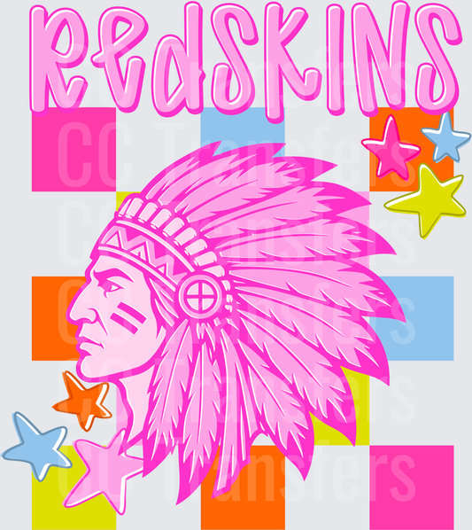 Redskins Native Chief Mascot Pink Retro Checkered Stars (DTF)