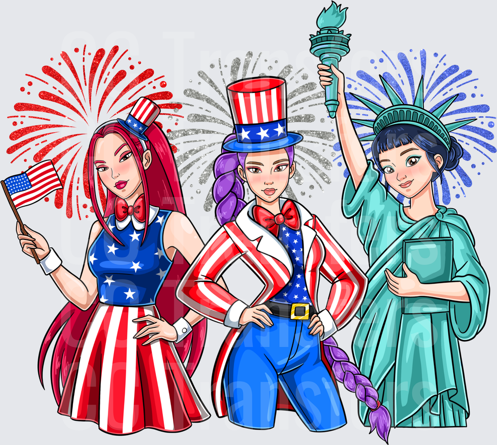 Three Patriotic Anime Girls Stars Stripes Fireworks (DTF)