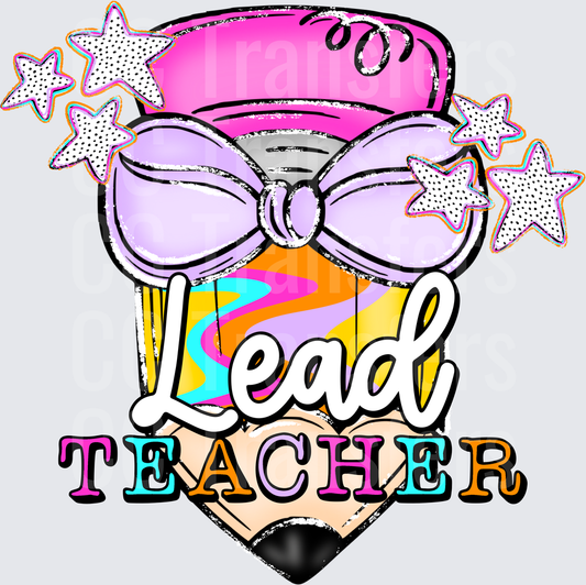 Colorful Pencil Purple Bow Lead Teacher Stars DTF