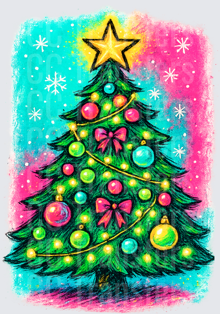 Colorful Chalk Art Christmas Tree with Star Topper (DTF)