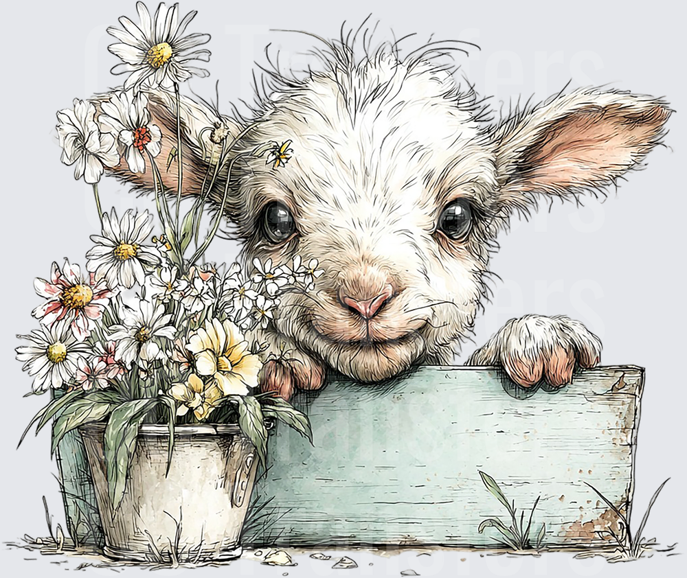 Cute Baby Lamb Peeking Over Fence with Daisy Bouquet (DTF)