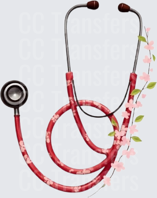 Floral Cherry Blossom Stethoscope Red Nurse Design (DTF)