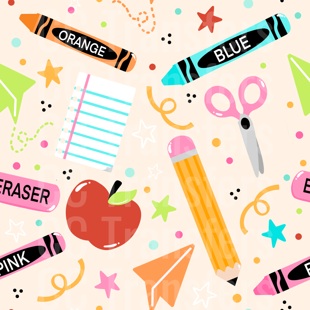 Colorful School Supplies Pattern Crayons Pencil Apple (DTF)