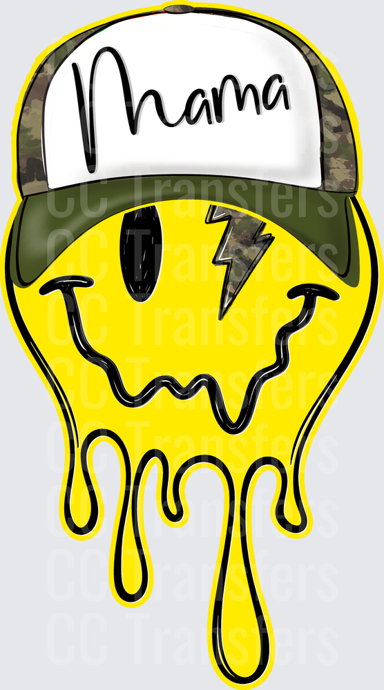 Mama Camo Trucker Hat Melting Smiley Face Lightning (DTF)