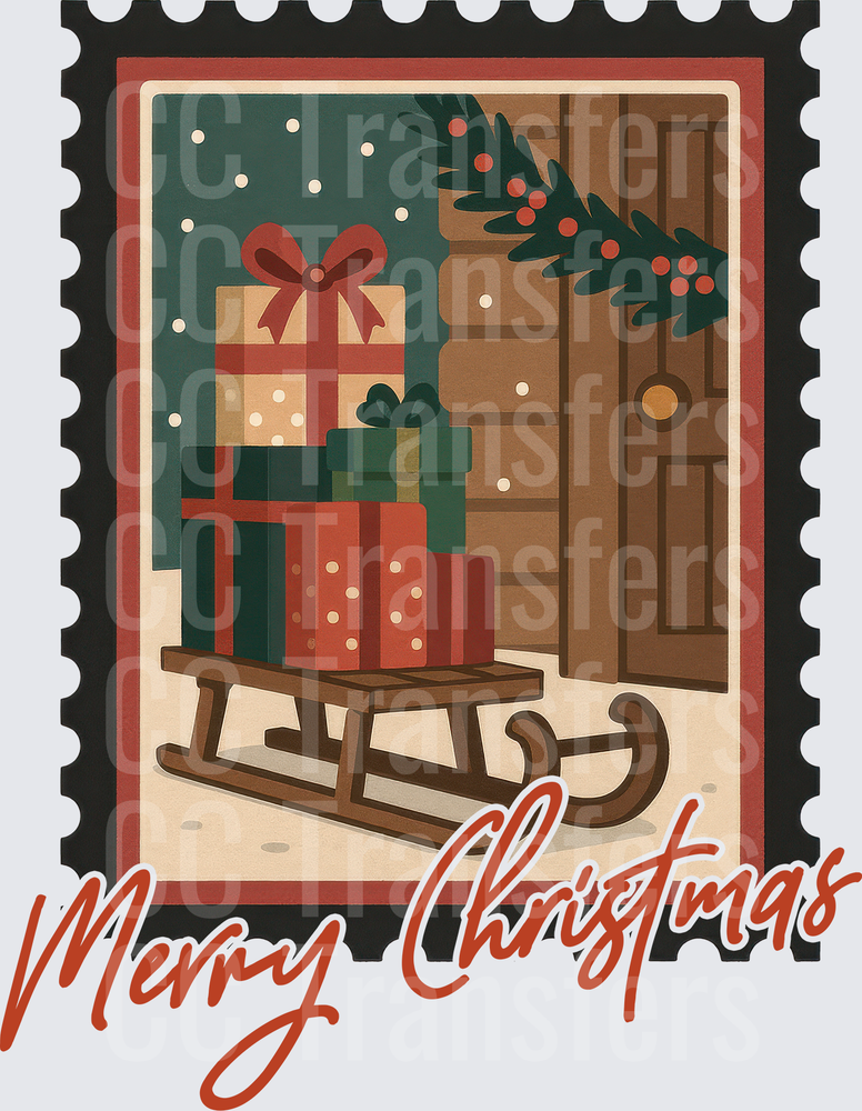 Merry Christmas Vintage Stamp Sled Gifts Holiday (DTF)