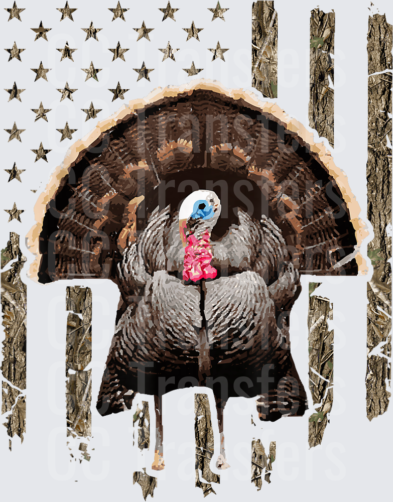 Wild Turkey Strutting Camo American Flag (DTF)