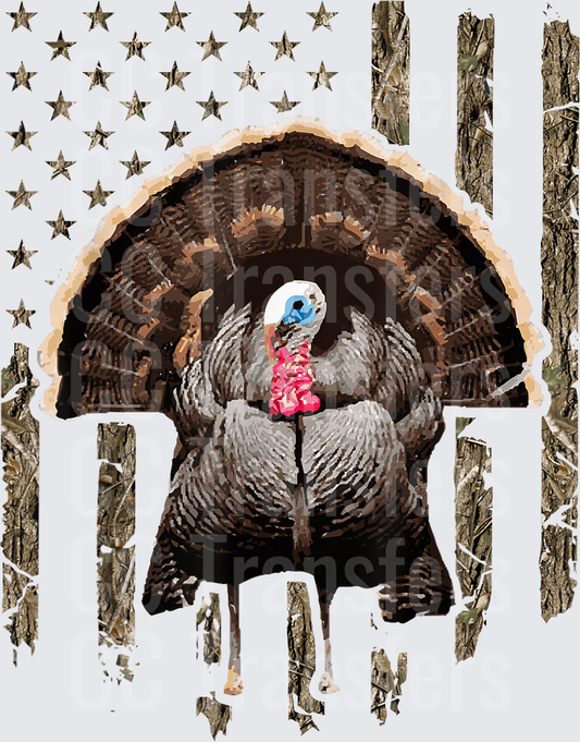 Wild Turkey Strutting Camo American Flag (DTF)
