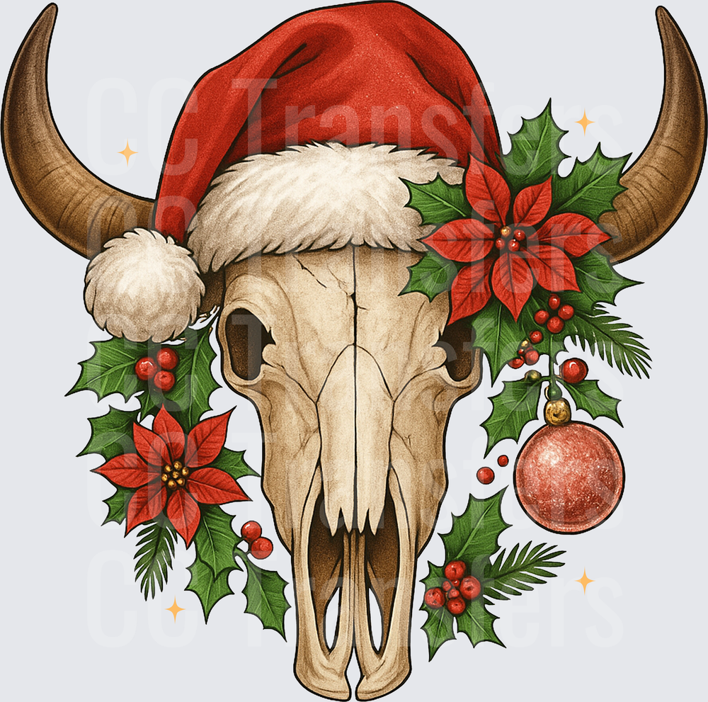 Western Bull Skull Santa Hat Holly Poinsettia Christmas (DTF)