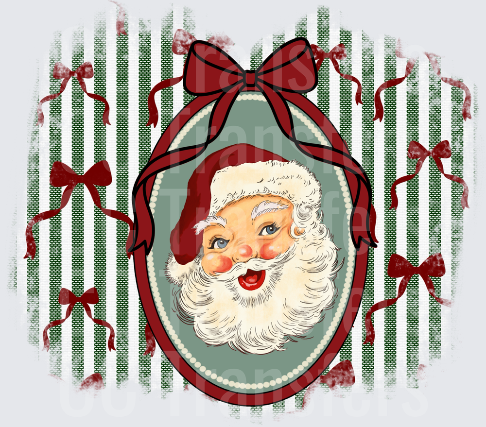 Vintage Santa Cameo Oval Red Bow Green Stripe (DTF)